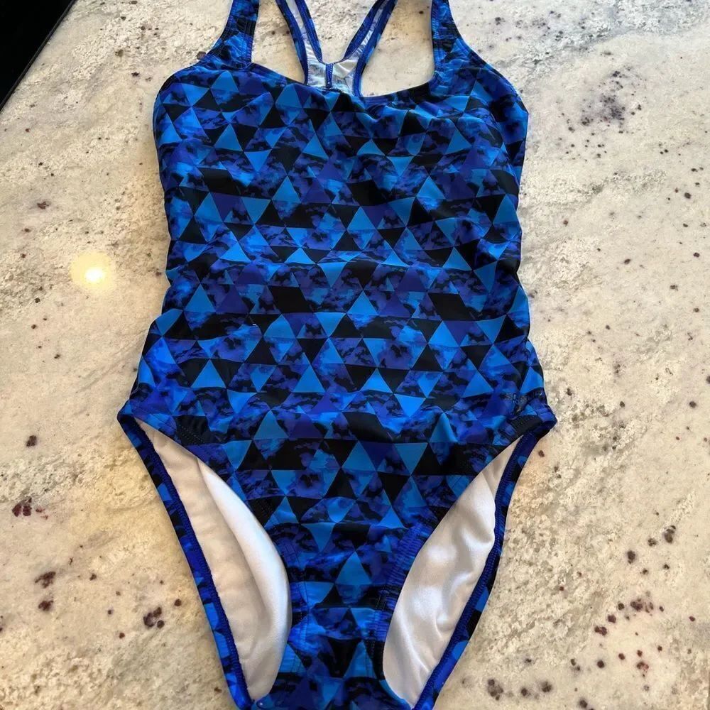 Speedo Blue Triangular Print Racerback One Piece Swimsuit sz 6 EUC